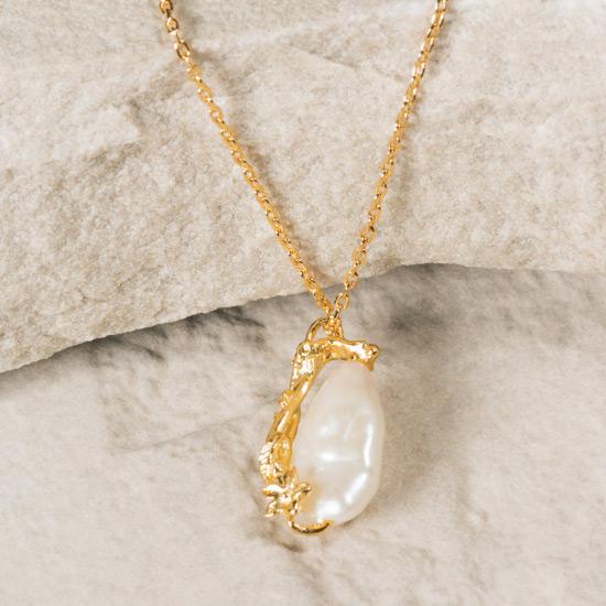 Women's Pearl Necklace - Fine gold chain necklace featuring a uniquely molded gold Flower combined with a precious rough pearl to form a timelessly beautiful pendant.